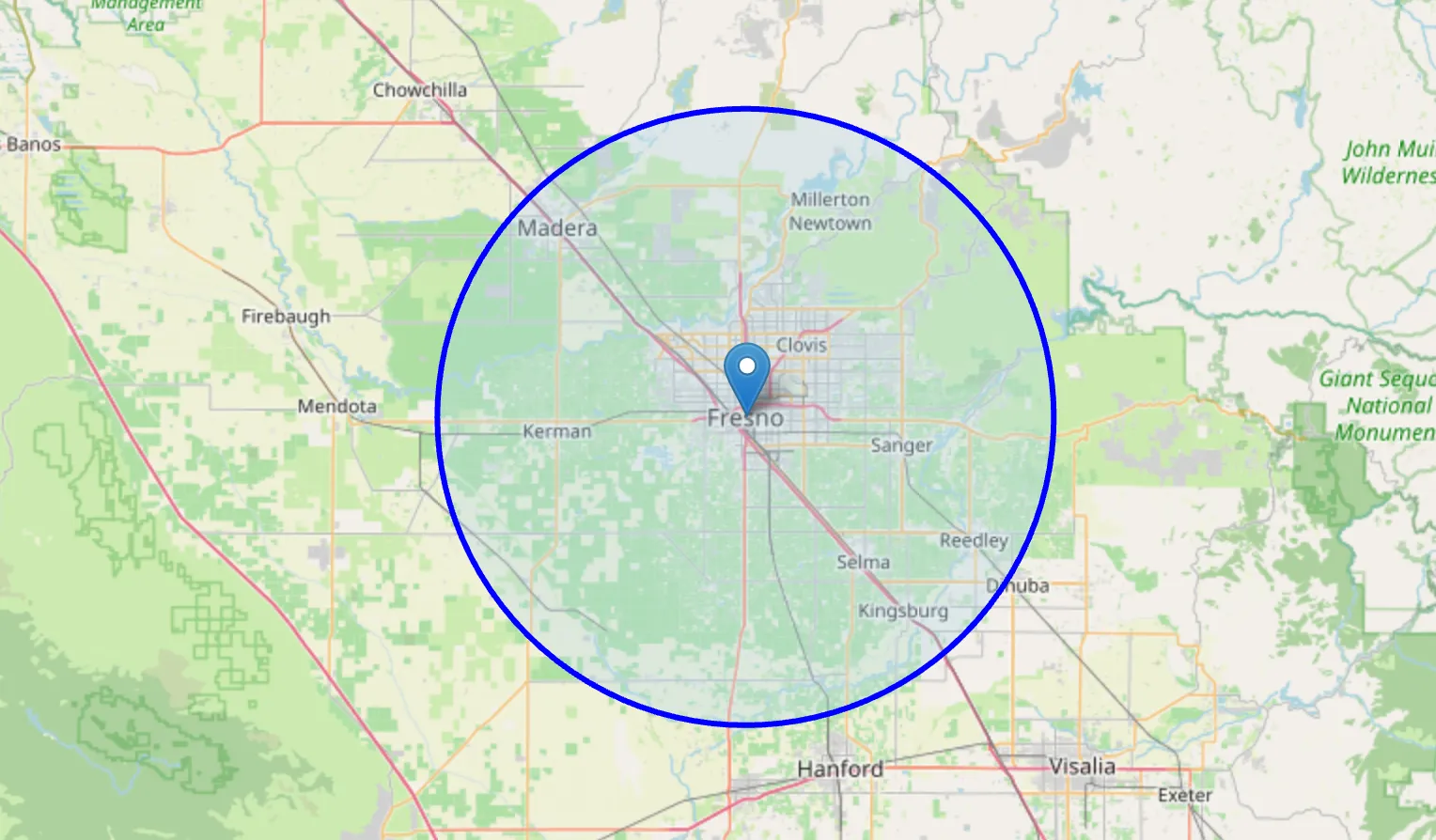 Map of the Fresno area with a blue circle marking the service radius, covering Clovis, Sanger, Fowler, Kerman, and Madera